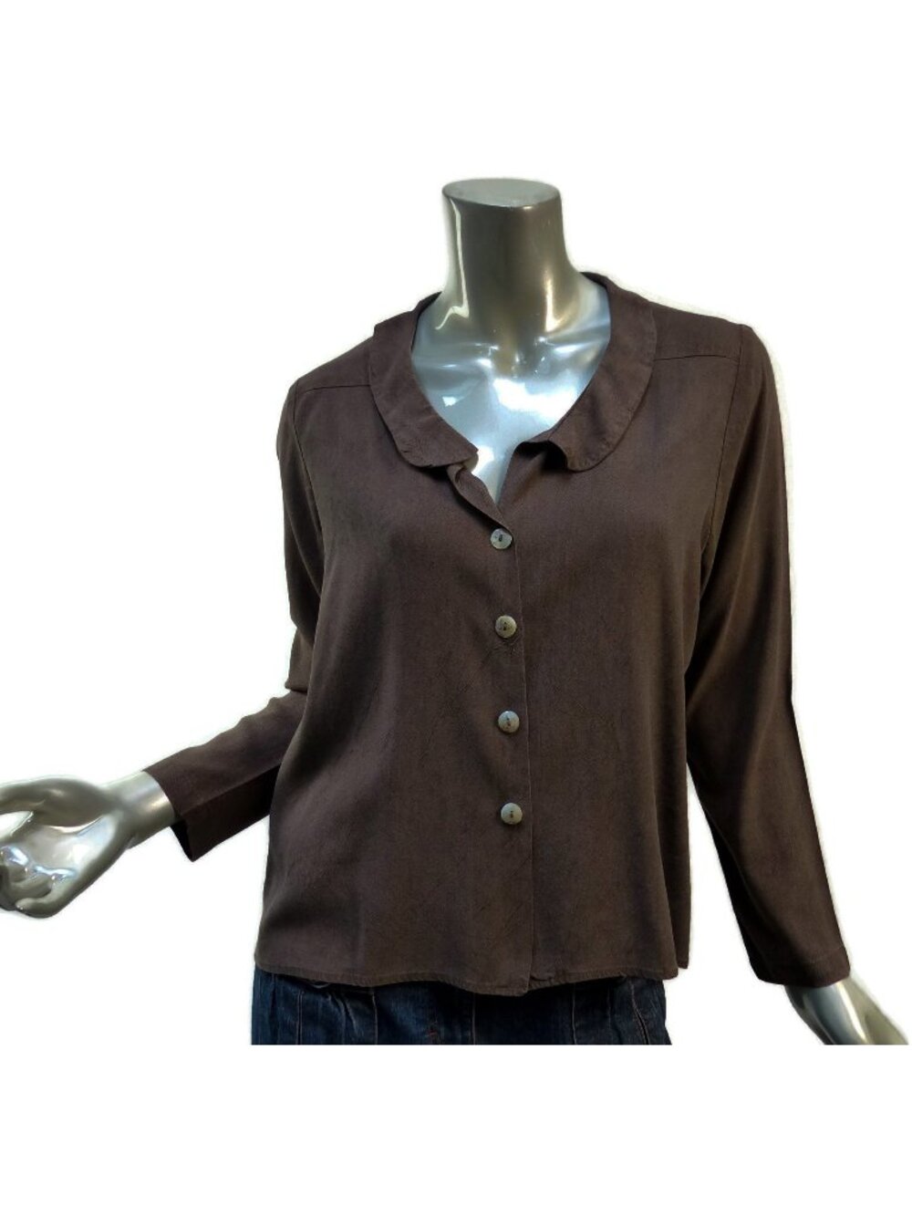 riki Asymmetric Top Blouse Sz Small Cocoa Brown Platter Collar Sanded Soft